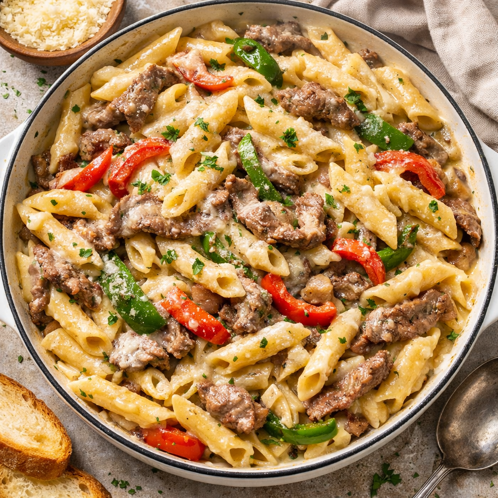 Cooking beef for Philly Cheesesteak Pasta in a skillet
