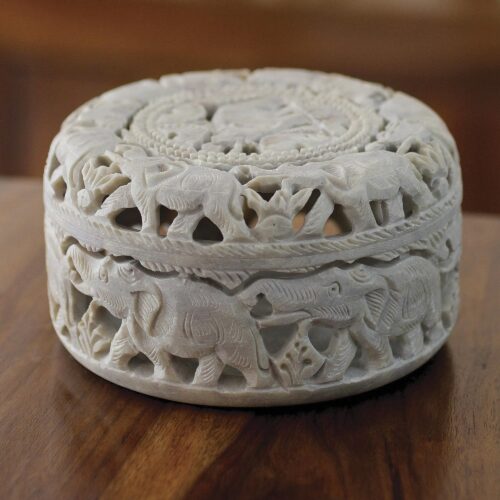 Artisan Crafted Jali Soapstone Jewelry Box, 'Elephant Procession' Artisan Crafted Jali Soapstone Jewelry Box, 'Elephant Procession'