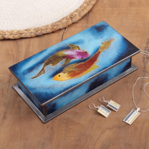 Artisan Crafted Wood and Glass Decorative Box, 'Ocean Harmony in Blue' Artisan Crafted Wood and Glass Decorative Box, 'Ocean Harmony in Blue'