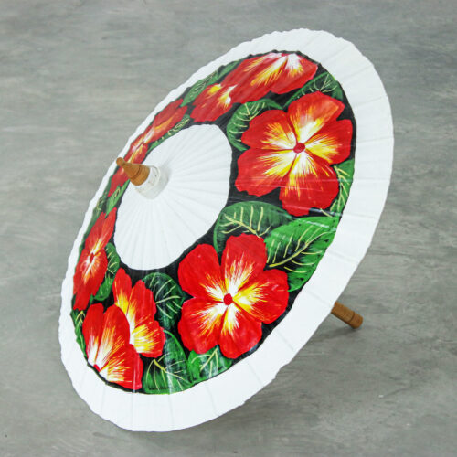 Artisan-Made Painted Floral Red Cotton and Bamboo Parasol, 'Blooms of Love' Artisan-Made Painted Floral Red Cotton and Bamboo Parasol, 'Blooms of Love'