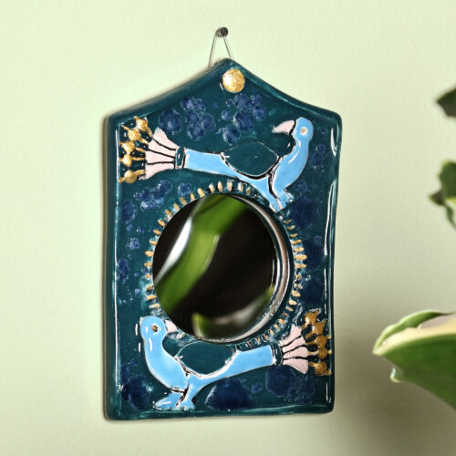 Bird-Themed Blue Ceramic Wall Accent Mirror from Armenia, 'Blue Wonder' Bird-Themed Blue Ceramic Wall Accent Mirror from Armenia, 'Blue Wonder'