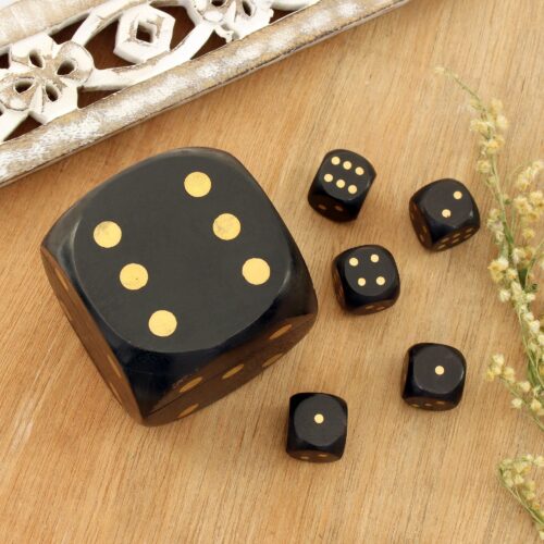 Black Mango Wood with Brass Dots Decorative Box and Dice Set, 'Elegant Dice' Black Mango Wood with Brass Dots Decorative Box and Dice Set, 'Elegant Dice'