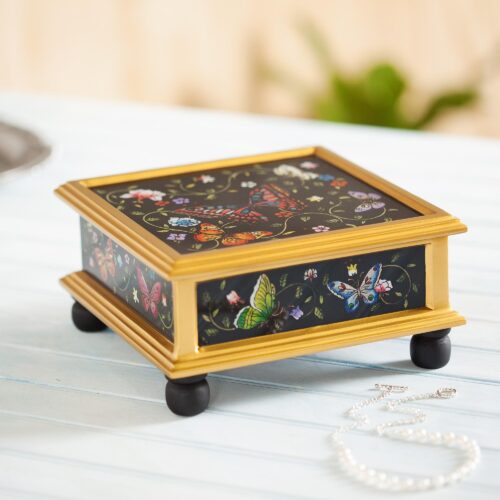 Black Reverse-Painted Glass Decorative Box with Butterflies, 'Midnight Garden' Black Reverse-Painted Glass Decorative Box with Butterflies, 'Midnight Garden'