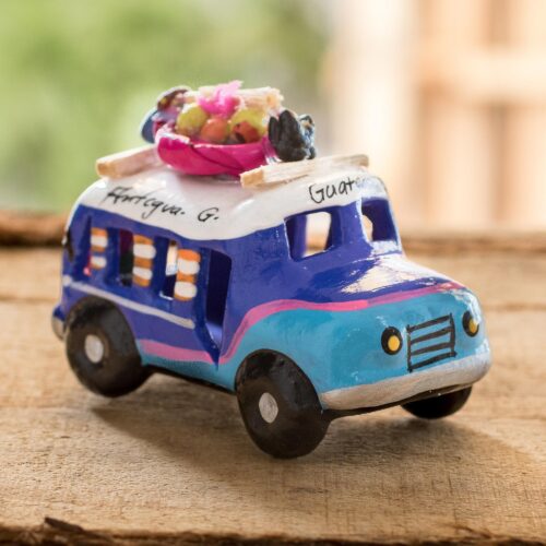 Blue and Turquoise 3.5 In Ceramic Bus from Guatemala, 'Blue Old Time Bus' Blue and Turquoise 3.5 In Ceramic Bus from Guatemala, 'Blue Old Time Bus'
