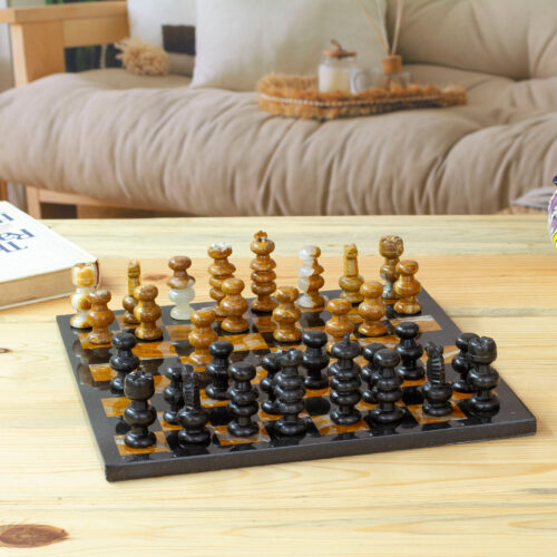 Brown and Black Marble Chess Set Crafted in Mexico, 'Earthen Challenge' Brown and Black Marble Chess Set Crafted in Mexico, 'Earthen Challenge'