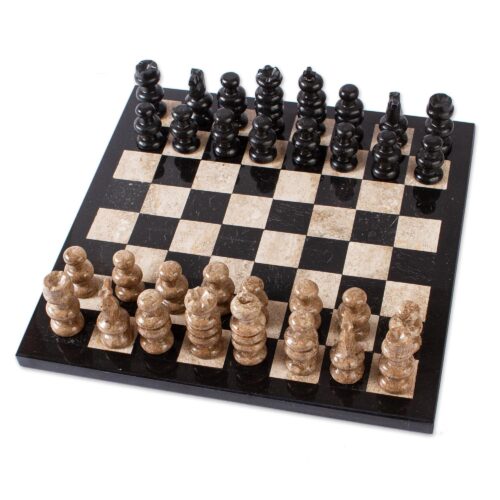 Brown and Black Marble Chess Set from Mexico, 'Cafe Battle' Brown and Black Marble Chess Set from Mexico, 'Cafe Battle'