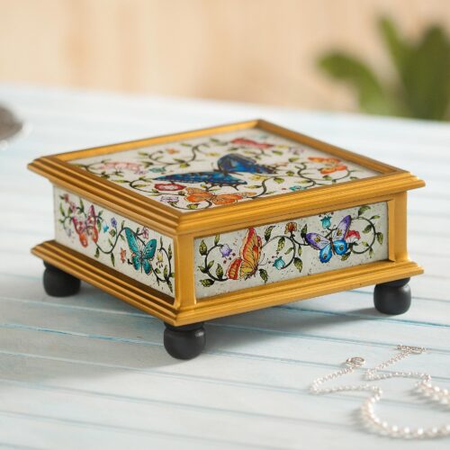 Butterflies on an Ivory Reverse Painted Glass Decorative Box, 'Ivory Winter Butterflies' Butterflies on an Ivory Reverse Painted Glass Decorative Box, 'Ivory Winter Butterflies'