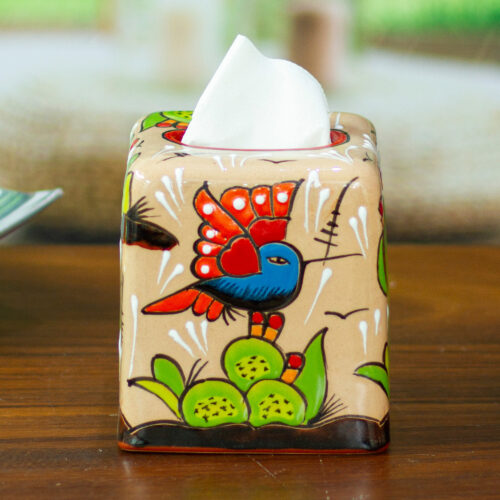 Cactus-Themed Handcrafted Talavera Ceramic Tissue Box Cover, 'Cactus Convenience' Cactus-Themed Handcrafted Talavera Ceramic Tissue Box Cover, 'Cactus Convenience'