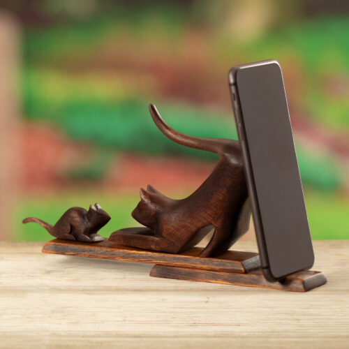 Cat and Mouse Cedar Wood Phone Holder in Dark Brown Hue, 'Helping Buddies' Cat and Mouse Cedar Wood Phone Holder in Dark Brown Hue, 'Helping Buddies'