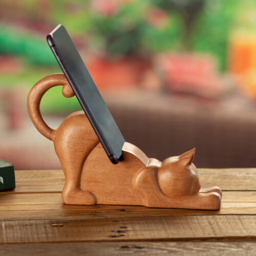 Cat-Themed Hand-Carved Cedar Wood Phone Holder from Peru, 'Convenient Cunning' Cat-Themed Hand-Carved Cedar Wood Phone Holder from Peru, 'Convenient Cunning'