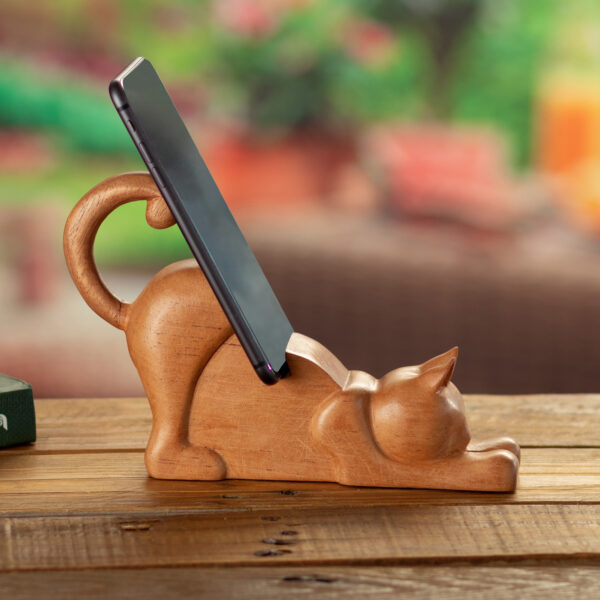 Cat-Themed Hand-Carved Cedar Wood Phone Holder from Peru, 'Convenient Cunning' Cat-Themed Hand-Carved Cedar Wood Phone Holder from Peru, 'Convenient Cunning'