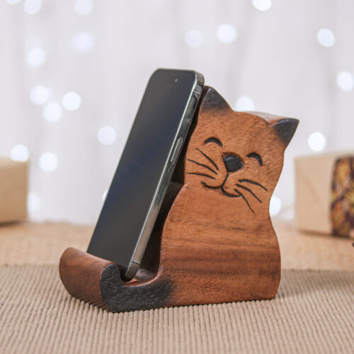 Cat-Themed Hand-Carved Raintree Wood Phone Holder, 'Feline Support' Cat-Themed Hand-Carved Raintree Wood Phone Holder, 'Feline Support'