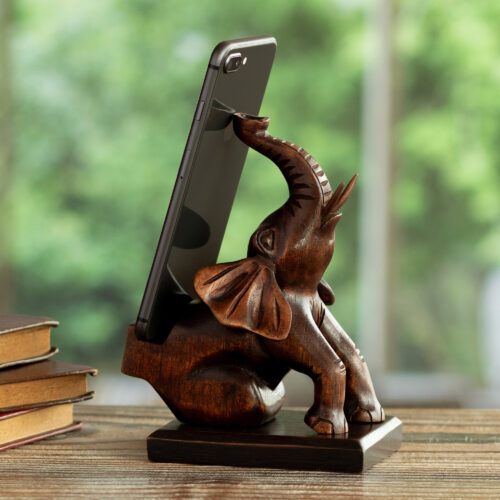 Cedar Wood Hand-Carved Elephant Phone Holder from Peru, 'Prosperity Elephant' Cedar Wood Hand-Carved Elephant Phone Holder from Peru, 'Prosperity Elephant'