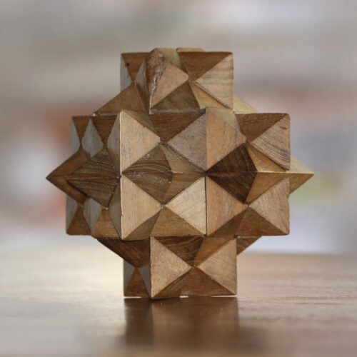 Challenging Teak Wood Mini Puzzle from Javanese Artisan, '3D Star' Challenging Teak Wood Mini Puzzle from Javanese Artisan, '3D Star'