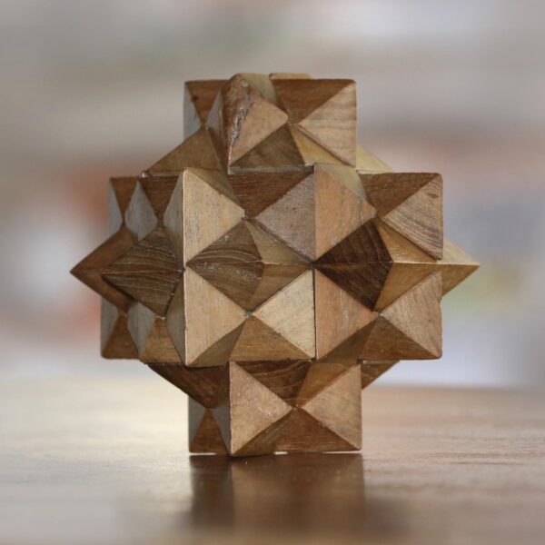 Challenging Teak Wood Mini Puzzle from Javanese Artisan, '3D Star' Challenging Teak Wood Mini Puzzle from Javanese Artisan, '3D Star'