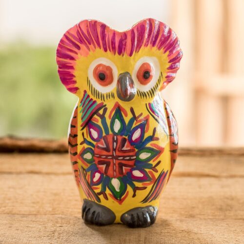 Decorated Yellow Ceramic Owl Figure with Geometric Design, 'Sunrise Owl' Decorated Yellow Ceramic Owl Figure with Geometric Design, 'Sunrise Owl'