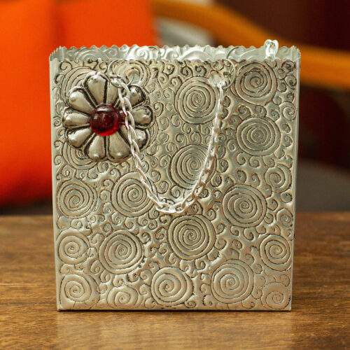 Decorative Floral Bag Made with Aluminum Engraved by Hand, 'Metallic Flower in Red' Decorative Floral Bag Made with Aluminum Engraved by Hand, 'Metallic Flower in Red'