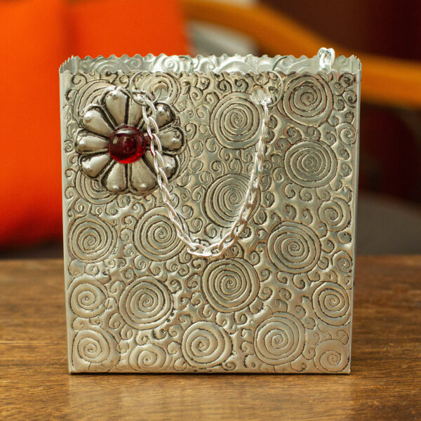 Decorative Floral Bag Made with Aluminum Engraved by Hand, 'Metallic Flower in Red' Decorative Floral Bag Made with Aluminum Engraved by Hand, 'Metallic Flower in Red'