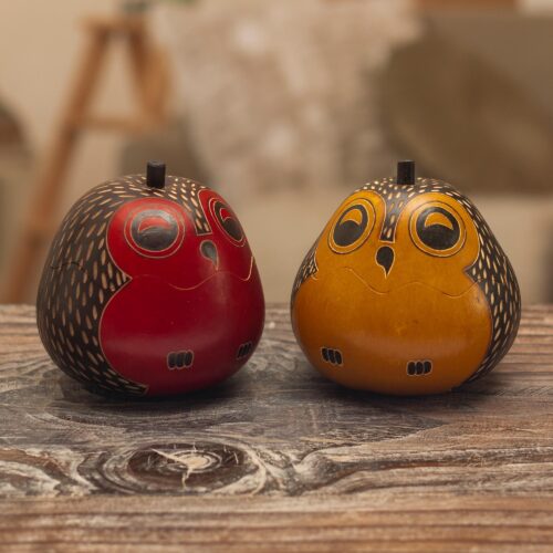 Decorative Owl Figures of Dried Mate Gourds from Peru (Pair), 'Singing Owls' Decorative Owl Figures of Dried Mate Gourds from Peru (Pair), 'Singing Owls'