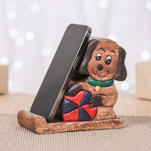 Dog-Themed Painted Hand-Carved Raintree Wood Phone Holder, 'Canine Support' Dog-Themed Painted Hand-Carved Raintree Wood Phone Holder, 'Canine Support'