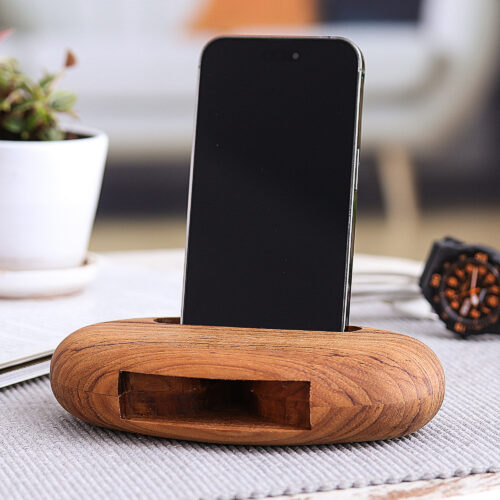 Egg-Shaped Teak Wood Phone Speaker from Thailand, 'Rock Out' Egg-Shaped Teak Wood Phone Speaker from Thailand, 'Rock Out'