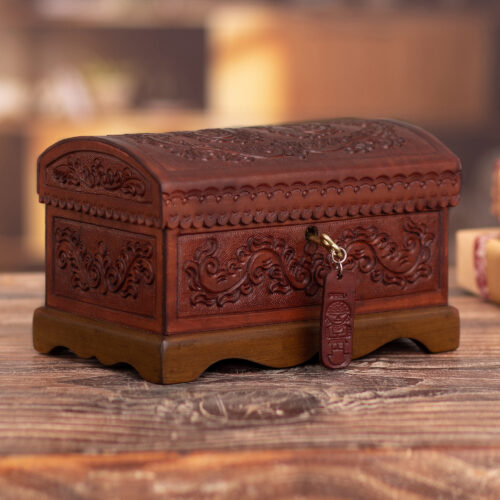 Embossed Leather Leaves on Mohena Wood Treasure Chest Box, 'Classic Inspiration' Embossed Leather Leaves on Mohena Wood Treasure Chest Box, 'Classic Inspiration'