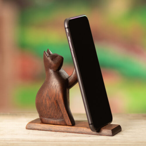 Feline-Themed Cedar Wood Phone Holder in Dark Brown Hue, 'Supporting Paw' Feline-Themed Cedar Wood Phone Holder in Dark Brown Hue, 'Supporting Paw'