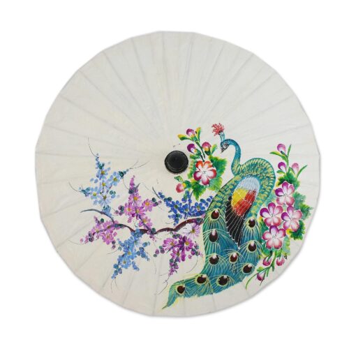 Floral Paper Parasol from Thailand, 'Peacock and Flowers' Floral Paper Parasol from Thailand, 'Peacock and Flowers'