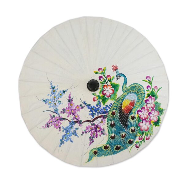 Floral Paper Parasol from Thailand, 'Peacock and Flowers' Floral Paper Parasol from Thailand, 'Peacock and Flowers'