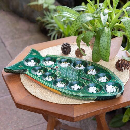 Foldable Fish-Shaped Batik Wood Mancala Board Game Set, 'Swimming Tilapia' Foldable Fish-Shaped Batik Wood Mancala Board Game Set, 'Swimming Tilapia'