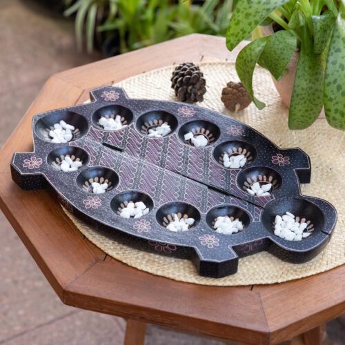 Foldable Turtle-Shaped Batik Wood Mancala Board Game Set, 'Freshwater Turtle' Foldable Turtle-Shaped Batik Wood Mancala Board Game Set, 'Freshwater Turtle'