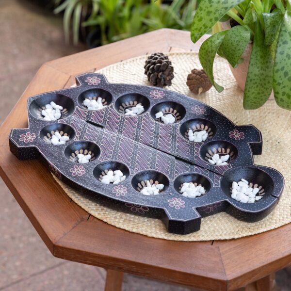 Foldable Turtle-Shaped Batik Wood Mancala Board Game Set, 'Freshwater Turtle' Foldable Turtle-Shaped Batik Wood Mancala Board Game Set, 'Freshwater Turtle'