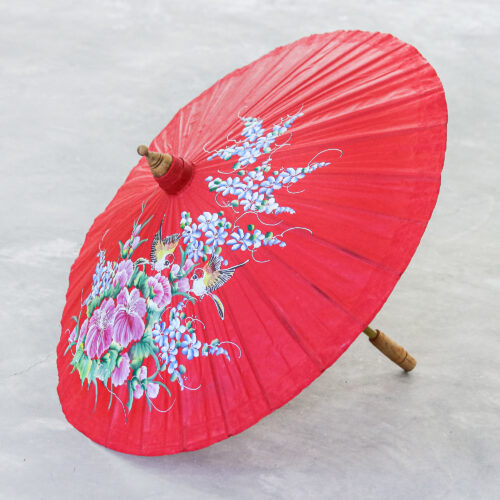 Folk Art Spring-Themed Red Saa Paper Parasol from Thailand, 'Red Spring' Folk Art Spring-Themed Red Saa Paper Parasol from Thailand, 'Red Spring'
