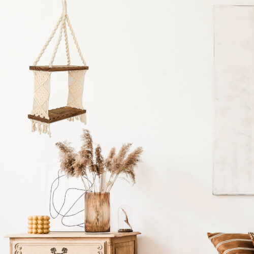 Geometric-Themed Macrame Cotton and Wood Hanging Shelf, 'Boho Spiral' Geometric-Themed Macrame Cotton and Wood Hanging Shelf, 'Boho Spiral'