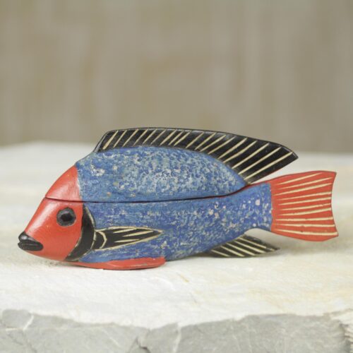 Ghana Artisan Crafted Fish Theme Decorative Wood Box, 'Blue Ga Fish' Ghana Artisan Crafted Fish Theme Decorative Wood Box, 'Blue Ga Fish'