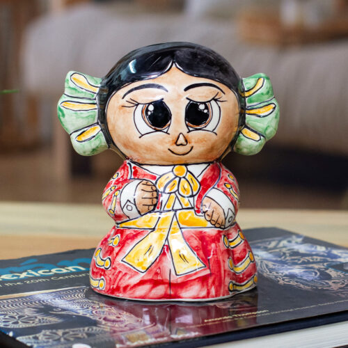 Glazed Folk Art-Inspirational Red Ceramic Dancer from Mexico, 'Celebration Coins' Glazed Folk Art-Inspirational Red Ceramic Dancer from Mexico, 'Celebration Coins'
