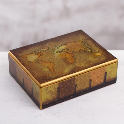 Golden World Map Reverse-Painted Glass Wood Decorative Box, 'Cartographer's Treasure' Golden World Map Reverse-Painted Glass Wood Decorative Box, 'Cartographer's Treasure'