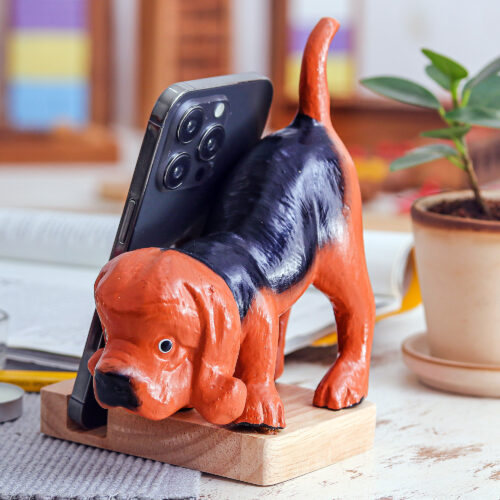 Hand-Carved and Painted Beagle Dog Wood Phone Holder, 'Helpful Beagle' Hand-Carved and Painted Beagle Dog Wood Phone Holder, 'Helpful Beagle'