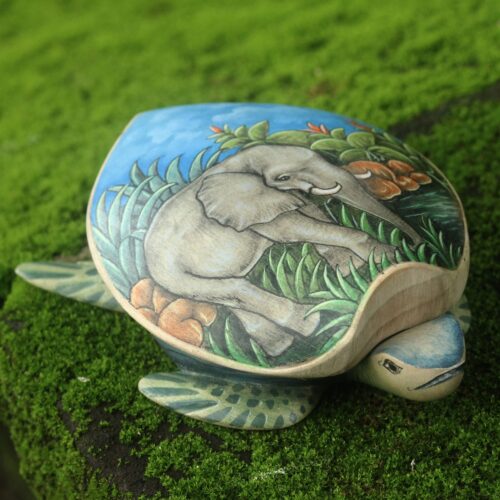 Hand Carved and Painted Turtle Box with Elephant Motif, 'Turtle and Elephant' Hand Carved and Painted Turtle Box with Elephant Motif, 'Turtle and Elephant'