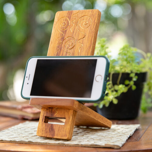 Hand-Carved and Painted Wood Phone Stand with Spiral Motifs, 'Hypnotic Spirals' Hand-Carved and Painted Wood Phone Stand with Spiral Motifs, 'Hypnotic Spirals'