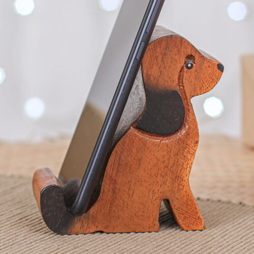 Hand-Carved Brown and Black Dog Raintree Wood Phone Holder, 'Canine Assistant' Hand-Carved Brown and Black Dog Raintree Wood Phone Holder, 'Canine Assistant'