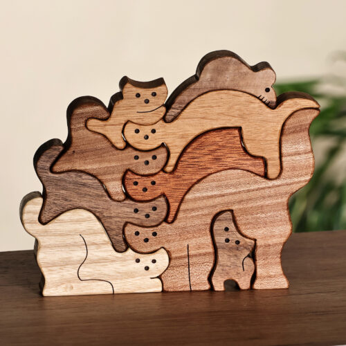Hand-Carved Cat-Themed 9-Piece Wood Puzzle Made in Armenia, 'Feline Assembly' Hand-Carved Cat-Themed 9-Piece Wood Puzzle Made in Armenia, 'Feline Assembly'