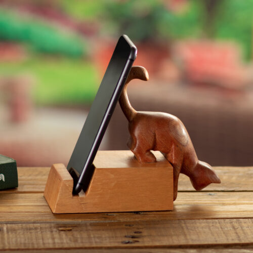 Hand-Carved Cat-Themed Brown Cedar Wood Phone Holder, 'Convenient Curiosity' Hand-Carved Cat-Themed Brown Cedar Wood Phone Holder, 'Convenient Curiosity'