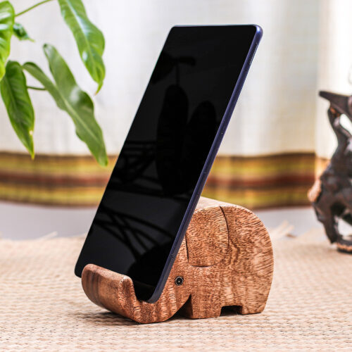 Hand-Carved Elephant-Themed Raintree Wood Phone Holder, 'Helpful Trunk' Hand-Carved Elephant-Themed Raintree Wood Phone Holder, 'Helpful Trunk'