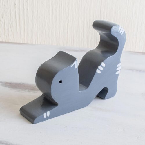 Hand-carved Grey Wood Cat Phone Holder, 'Stretching Cat in Grey' Hand-carved Grey Wood Cat Phone Holder, 'Stretching Cat in Grey'
