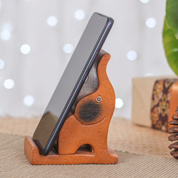 Hand-Carved Happy Elephant Raintree Wood Phone Holder, 'Giant Assistant' Hand-Carved Happy Elephant Raintree Wood Phone Holder, 'Giant Assistant'