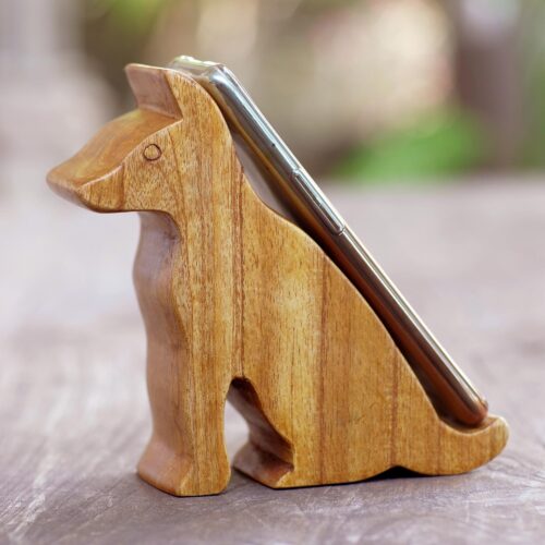 Hand Carved Jempinis Wood Phone Stand, 'Dialing Dog' Hand Carved Jempinis Wood Phone Stand, 'Dialing Dog'