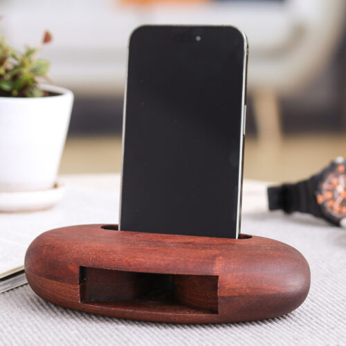 Hand-Carved Minimalist Oval Mahogany Wood Phone Speaker, 'Dapper Sounds' Hand-Carved Minimalist Oval Mahogany Wood Phone Speaker, 'Dapper Sounds'