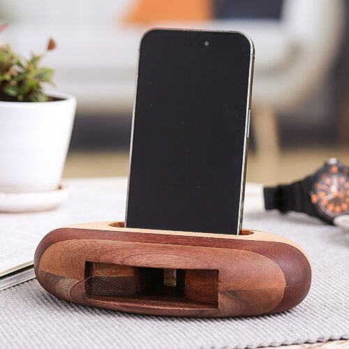 Hand-Carved Minimalist Oval Striped Wood Phone Speaker, 'Striped Sounds' Hand-Carved Minimalist Oval Striped Wood Phone Speaker, 'Striped Sounds'