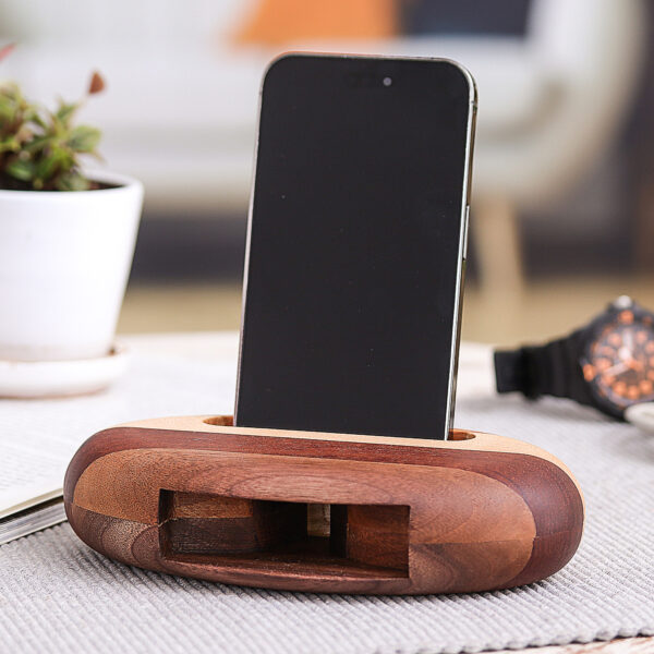 Hand-Carved Minimalist Oval Striped Wood Phone Speaker, 'Striped Sounds' Hand-Carved Minimalist Oval Striped Wood Phone Speaker, 'Striped Sounds'